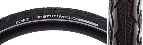 Close-up of the 700x45 Reflective Xpedium APL Bicycle Tire showcasing its hybrid tread pattern and reflective sidewall striping. The tire is designed for durability with a 0.7mm Anti-Puncture Layer.