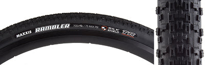 Close-up of a 700x45 Rambler DC/SS/TR Bicycle Tire showcasing its low-profile, tightly packed center knobs and well-spaced corner knobs, ideal for gravel riding and light trail work.