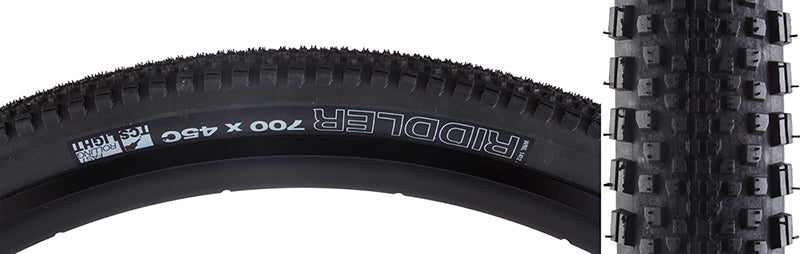 Close-up of the 700x45 Black/Black Riddler TCS Light Fast Rolling Bicycle Tire, showcasing its toothy side knobs and densely packed center tread, designed for optimal cornering and efficiency on diverse trail conditions.