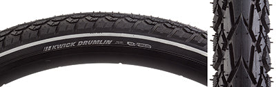 Close-up of 700x45 Reflective Kwick Drumlin Sport KS Bicycle Tire showing thick tread, square profile, deep siping, and textured shoulder lugs, designed for pavement, gravel, and forest roads.