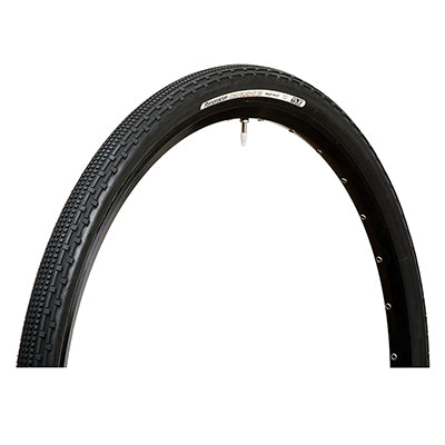 700x50 Black/Black Gravel King SK Bicycle Tire with flat, featuring five rows of square knobs and double rows of continuous ridges for smooth rolling and grip on rough or gravel roads.