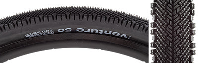 Close-up of the 700x50 Black/Black Venture TCS Bicycle Tire showcasing its supportive centerline tread, intermediate ridges, and outer knobs for enhanced traction and cornering on various terrains.