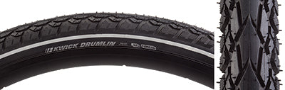 Close-up of the 700x50 Reflective Kwick Drumlin Sport Bicycle Tire showcasing its thick tread, square profile, deep siping, and burly shoulder lugs, designed for various terrains and enhanced visibility.