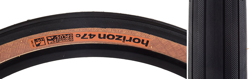 Close-up of the 650Bx47 Black/Tan Horizon Road TCS Bicycle Tire, showcasing its smooth centerline, all-weather herringbone pattern, and cornering channels for versatile performance on various terrains.