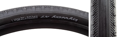 Close-up of the 650Bx47 Black/Black Byway TCS Bicycle Tire showcasing its smooth centerline, diamond-shaped peaks, and substantial shoulder knobs, highlighting its tubeless compatibility and versatile riding performance.