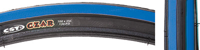 Close up of the 650Cx23 Black/Blue Czar Bicycle Tire, highlighting its grooved lateral tread, smooth center, and visible zipper-like pattern indicating the dual compound design for traction and puncture safety.