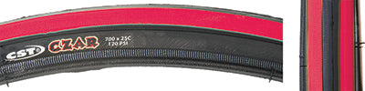 Close-up of the 650Cx23 Black/Red Czar Bicycle Tire, highlighting its grooved lateral tread and smooth center designed for optimal traction and durability.