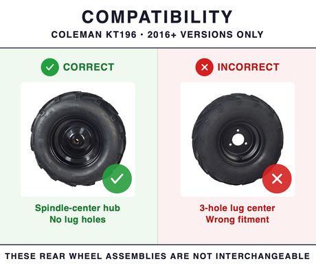 Rear Wheel Assembly with Single Spindle Hole Mount for the Coleman KT196 196cc 6.5 Hp Go-Kart (2016+ Versions Only)