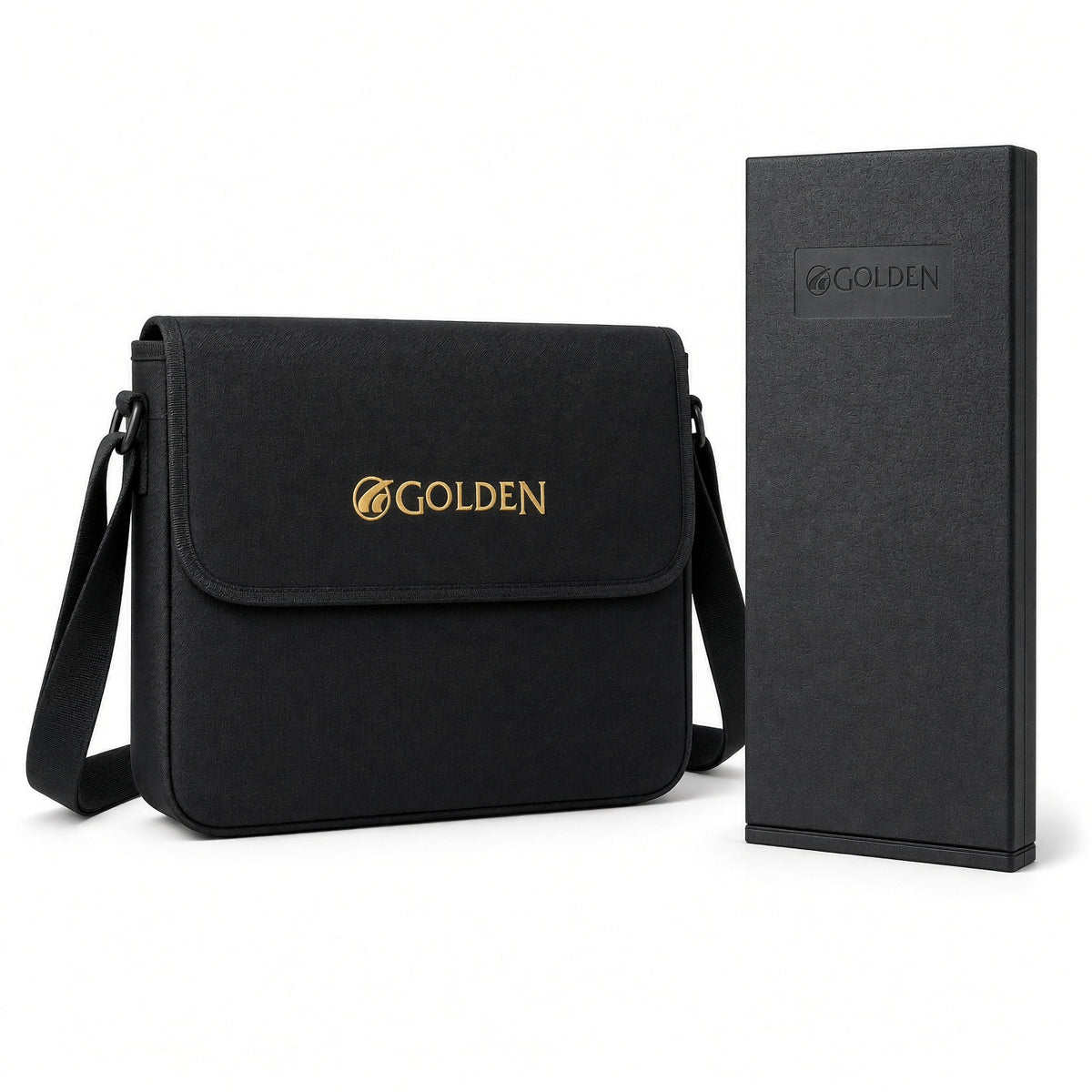 Travel bag and lithium battery TSA approved for the Golden Buzzaround Carryon group shot of the bag and battery together.