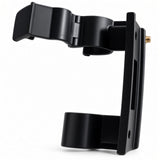 A black cand holder mounting bracket with a quick-release clasp and a small brass screw fastener, shown on a clean white background.