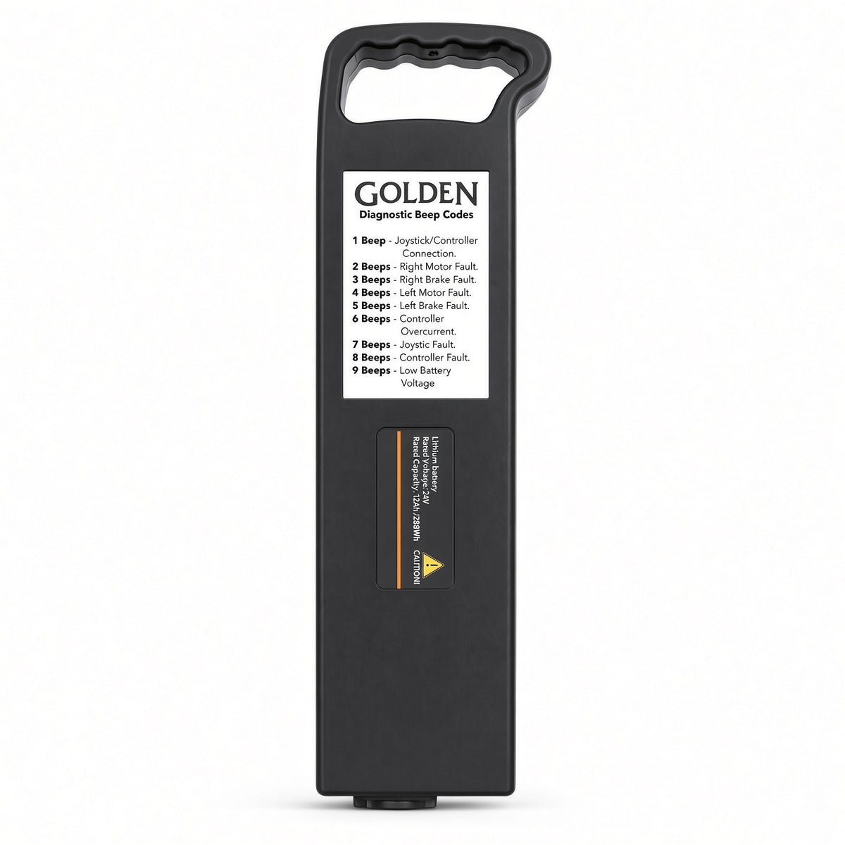24 volt 12 Ah lithium ion battery pack for the Golden Cricket GP302 power chair, black rectangular battery.