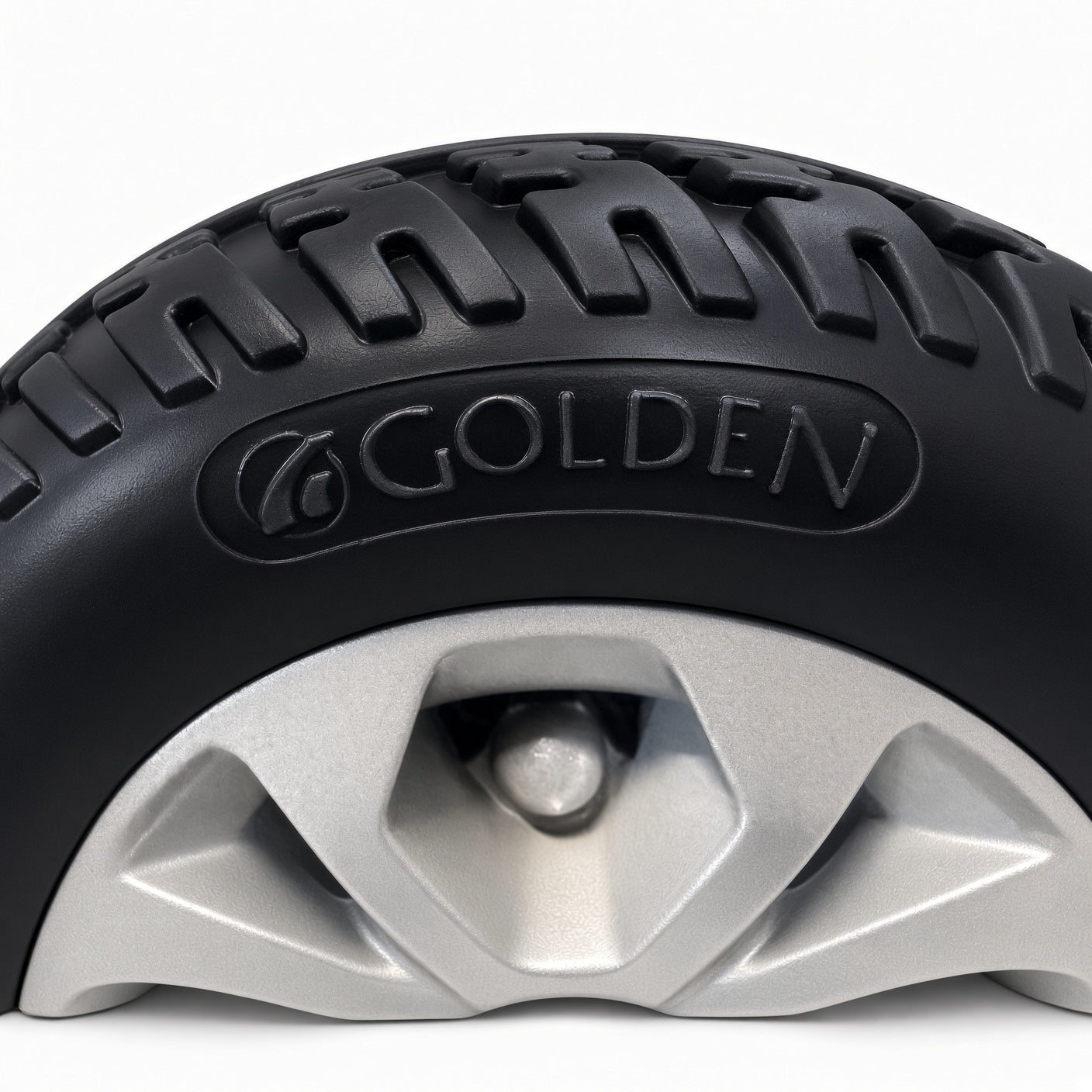 Golden logo molded into the sidewall of the LiteRider GL141 front wheel tire, close-up