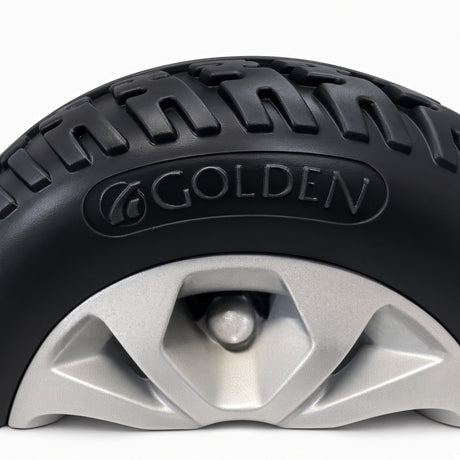 Golden logo molded into the sidewall of the LiteRider GL141 front wheel tire, close-up