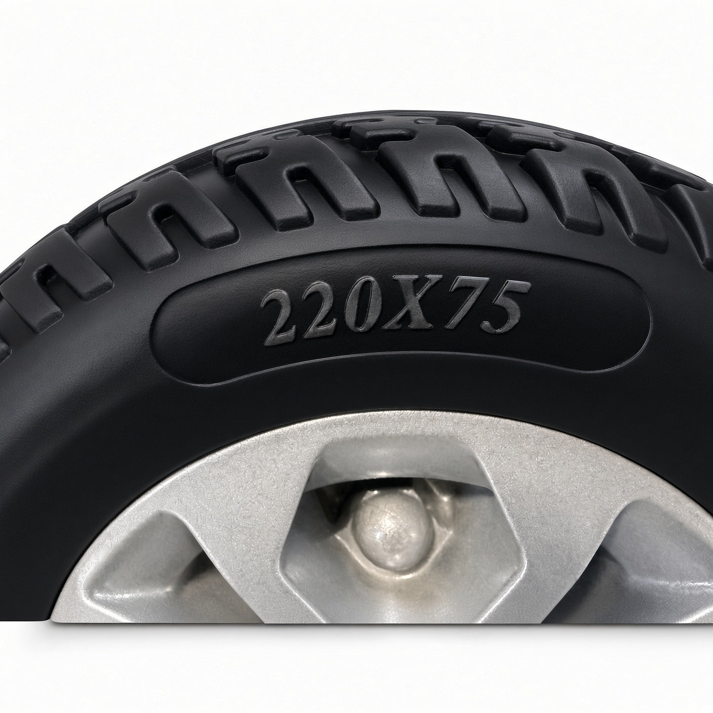 220X75 size marking molded into the sidewall of the Golden LiteRider GL141 solid front tire, close-up