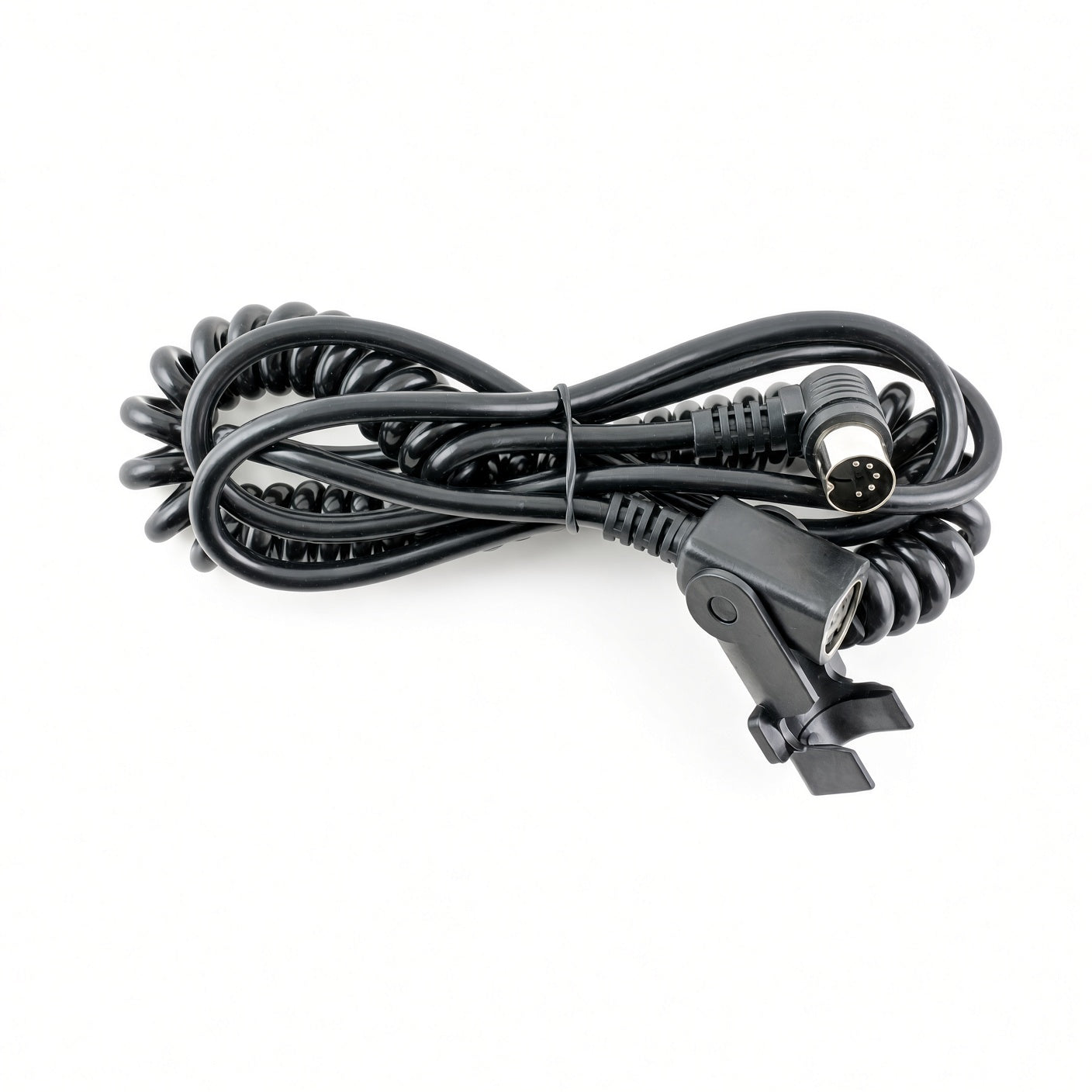 A coiled black cable with a multi-pin connector on one end and a clip-style connector on the other, photographed on a plain white background.