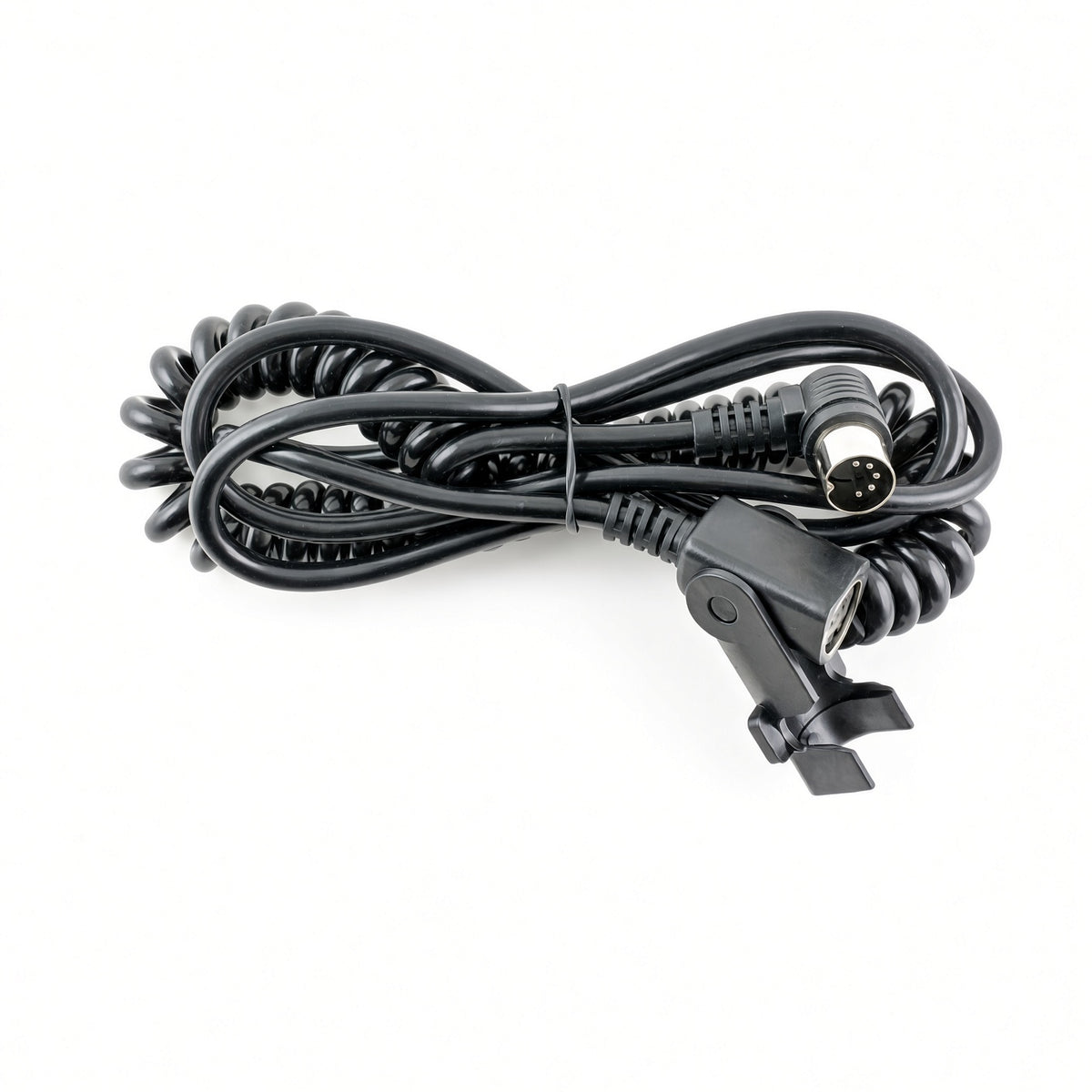 A coiled black cable with a multi-pin connector on one end and a clip-style connector on the other, photographed on a plain white background.