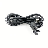 A coiled black cable with a multi-pin connector on one end and a clip-style connector on the other, photographed on a plain white background.