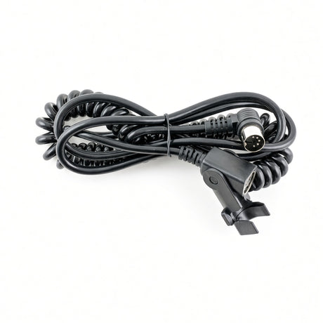 A coiled black cable with a multi-pin connector on one end and a clip-style connector on the other, photographed on a plain white background.