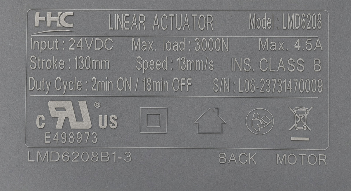 MOT1707191 data plate for the Pride VivaLift back motor, showing HHC LMD6208B1-3 specifications and certification marks.