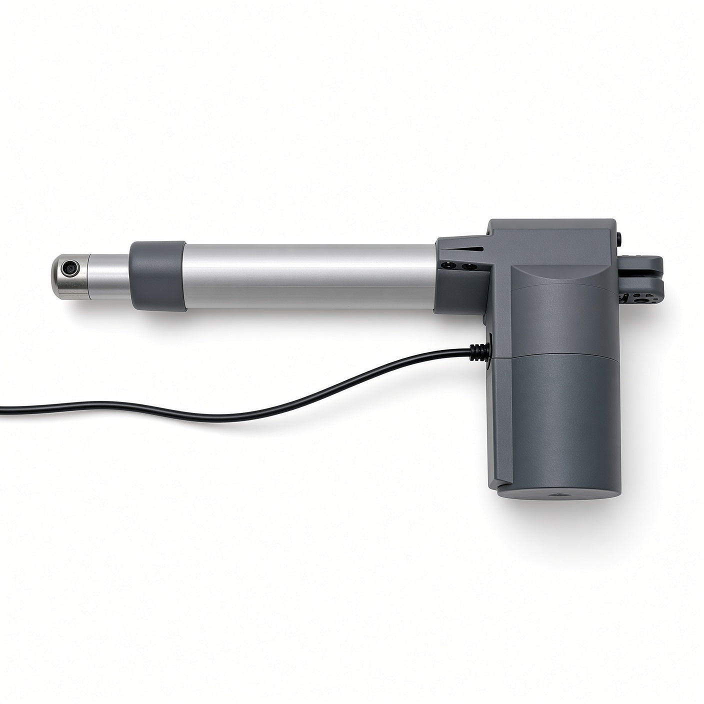 A linear electric actuator with a silver metal rod, dark gray plastic components, and a black power cable, shown on a clean white background.