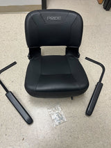 18 Black Vinyl Molded Seat Assembly for Pride Mobility Scooters featuring a padded seat, molded plastic back, and armrests, shown on a tile floor.