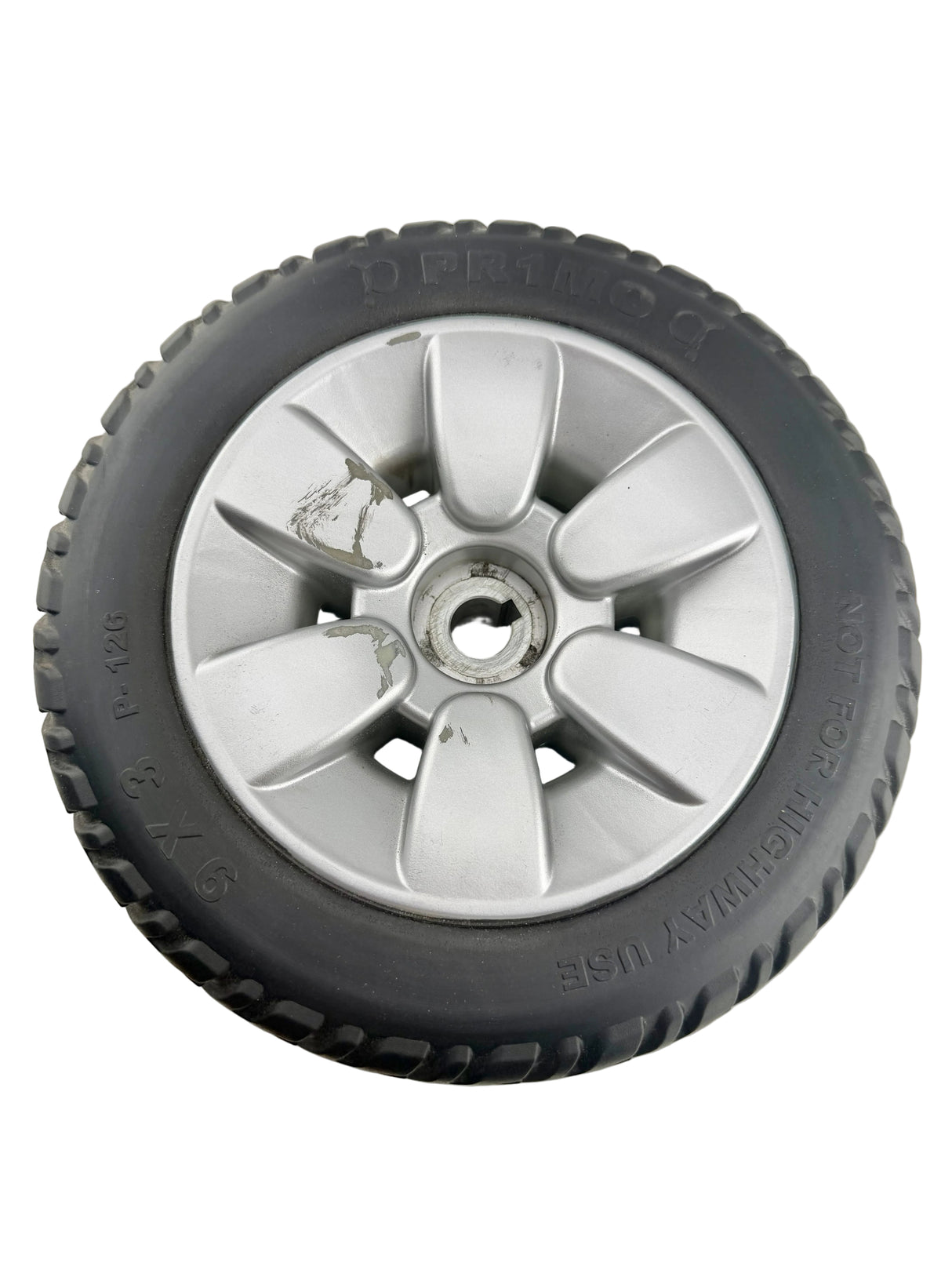 9"x3" (2.80/2.50-4) Flat-Free Drive Wheel Assembly with Silver Rim & Black Tire for Jazzy Select Elite & Pride TSS 300 (Blemished)