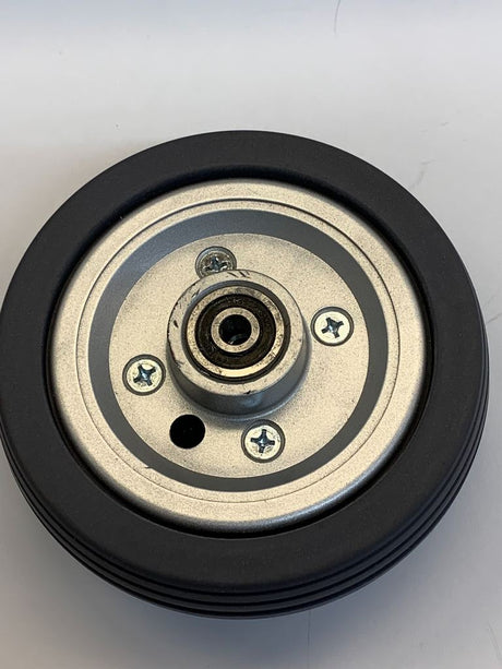 6x2 Dark Gray Rear Caster Wheel Assembly for the Jazzy & Quantum J6 (Blemished), featuring a black rubber rim, wheel bearings, and spacers, designed as a replacement caster wheel for power chairs.