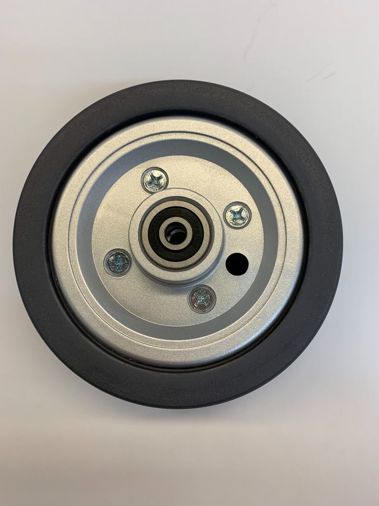 6x2 Dark Gray Rear Caster Wheel Assembly for the Jazzy & Quantum J6 (Blemished), featuring a black rubber rim and metal components, designed for specific serial numbers, with included wheel bearings and spacers.