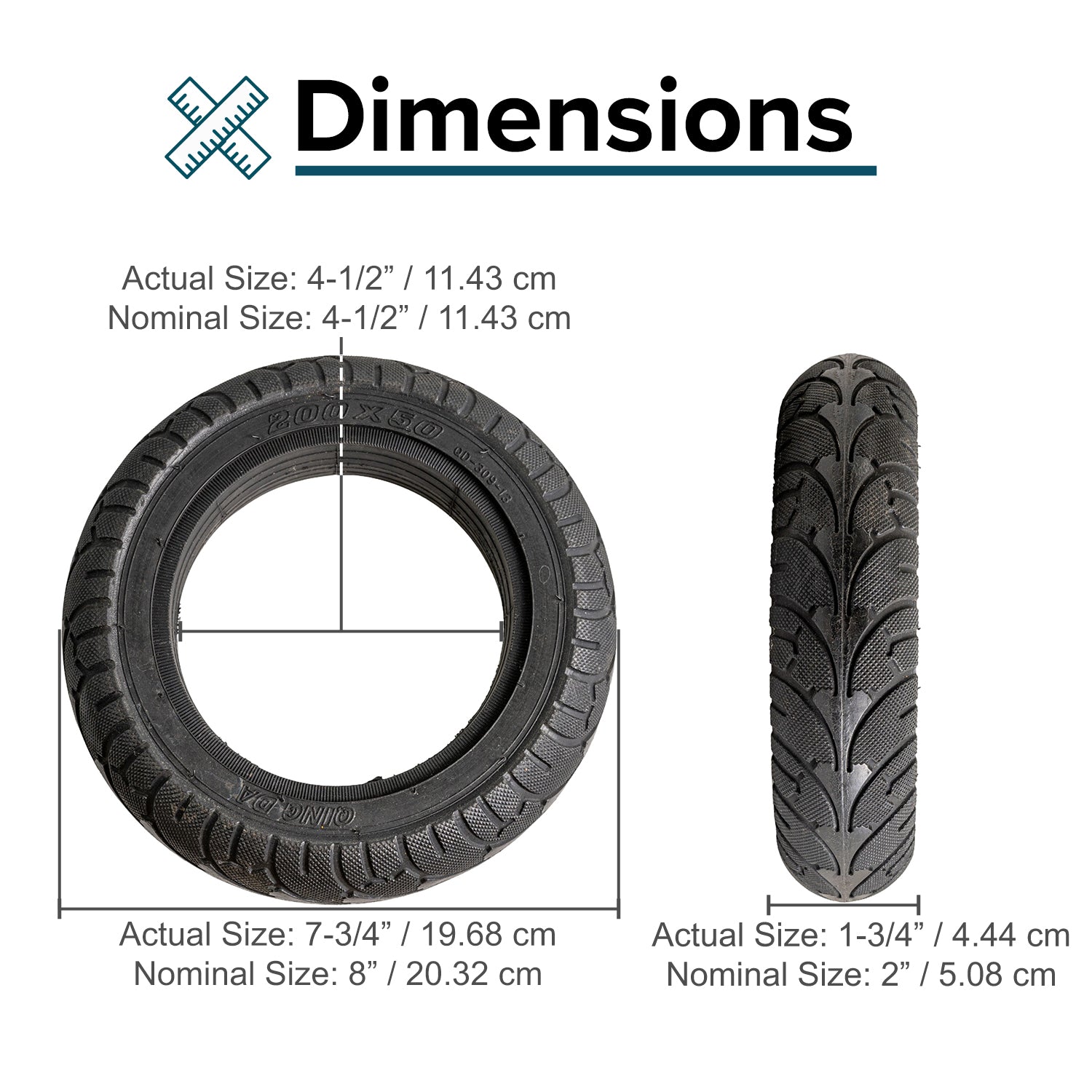 200x50 (8"x2") Solid Tire with 4.5" Inner Diameter for Self-Balancing Scooters