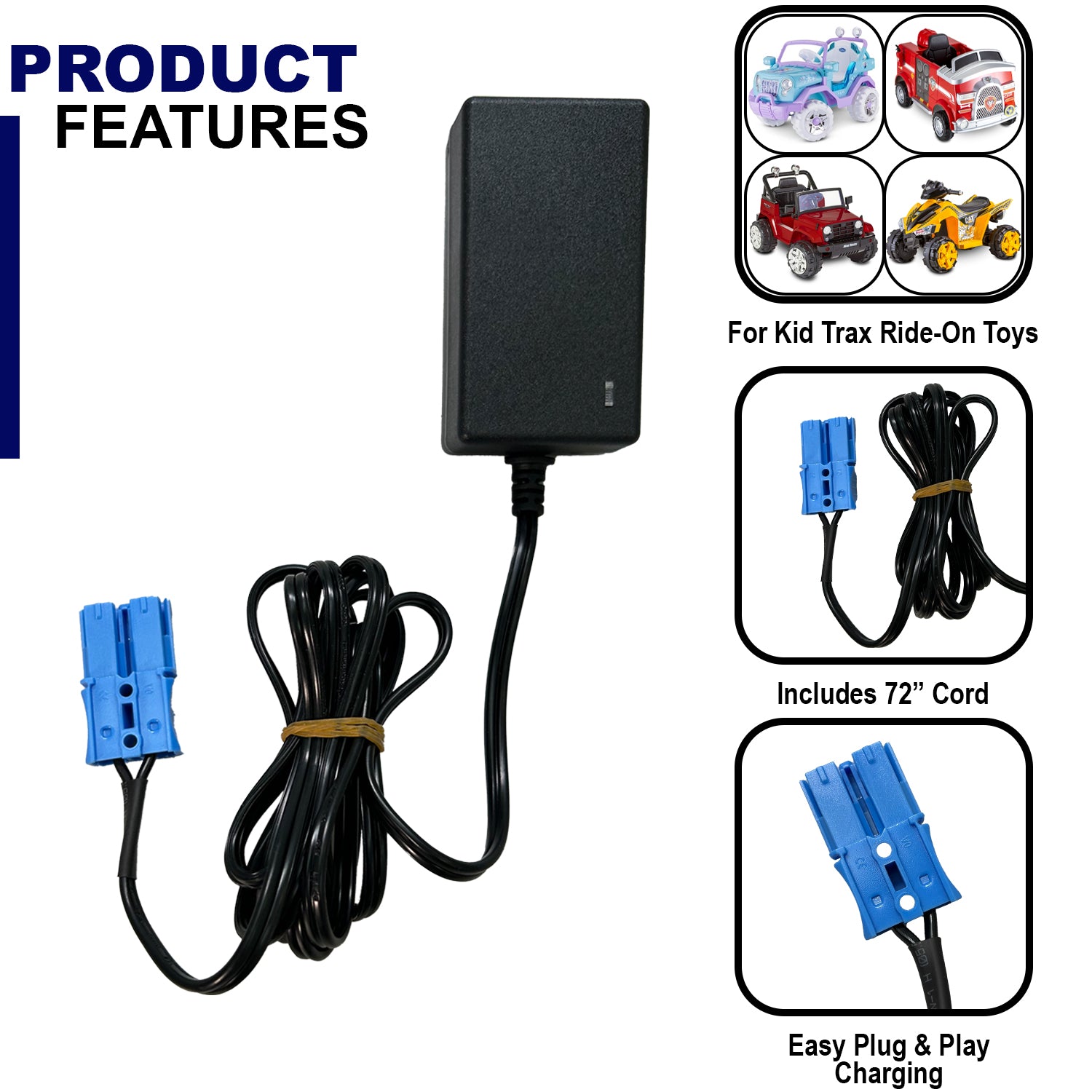 12 Volt 1.0 Amp Battery Charger with 1" Blue Grid Connector for Kid Trax Ride-On Toys