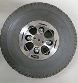 Close-up of a 3.00-4 (10x3, 260X85) foam-filled drive wheel assembly with a silver rim, designed for the Shoprider Streamer Sport (888WA), featuring a detailed view of the tread and rim.