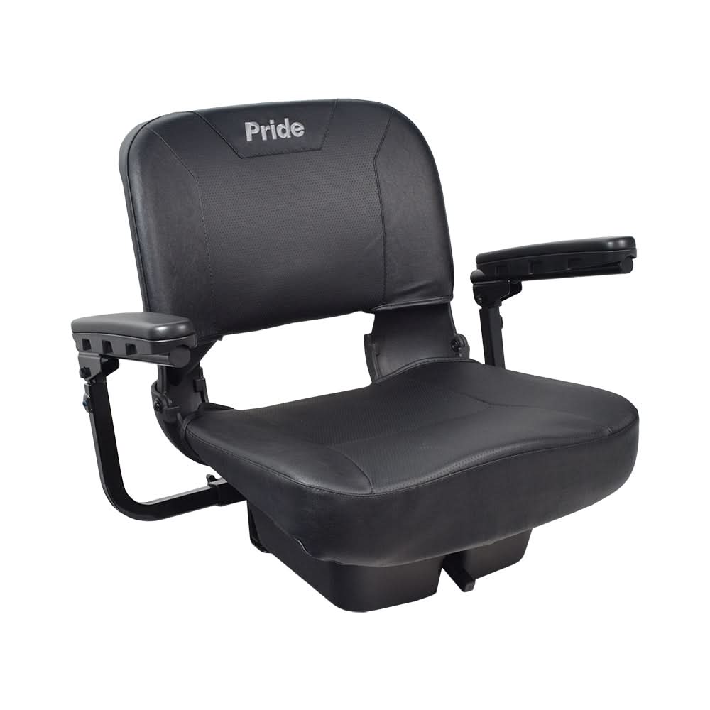 SET1707651 Black Vinyl Seat Assembly for the Pride Revo 2.0 (S66/S67) featuring black armrests, a molded plastic seat back and base, and black upholstery.