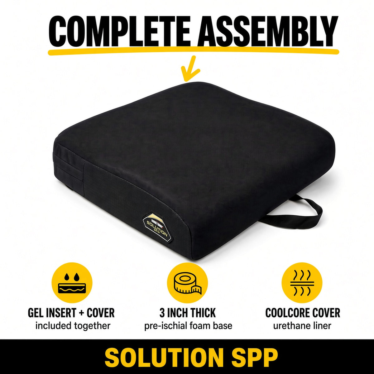 Stealth Solution SPP seat cushion for quantum power chairs, shown as an infographic with specs and details.