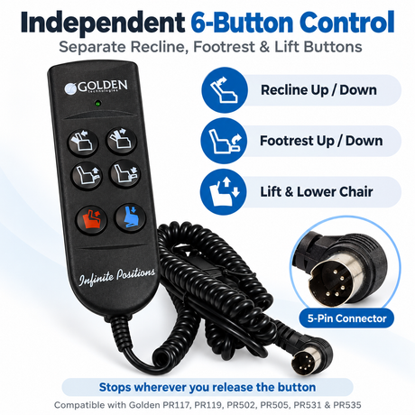 ZK756HCL - 6 Button Infinite Position Lift Chair Remote Hand Control for Golden Power Recliners PR117, PR119, PR502, PR505, PR531, & PR535