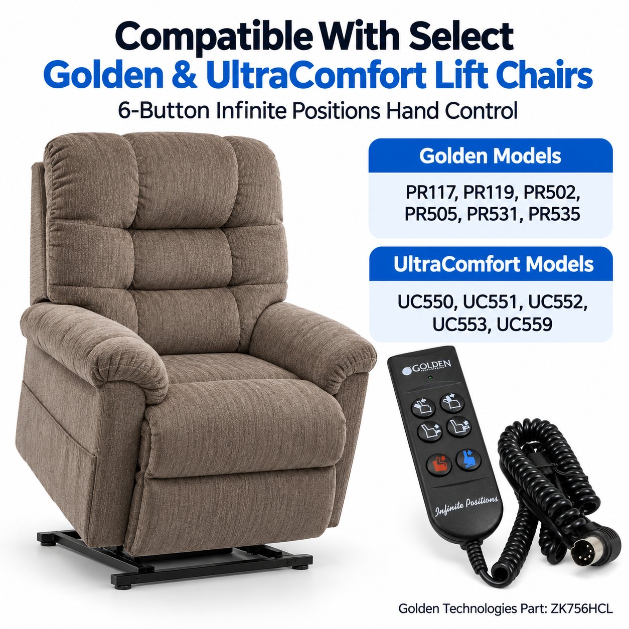 ZK756HCL - 6 Button Infinite Position Lift Chair Remote Hand Control for Golden Power Recliners PR117, PR119, PR502, PR505, PR531, & PR535