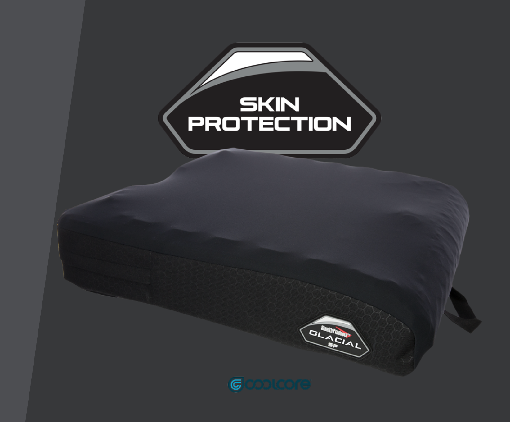 A dark gray Stealth glacial cushion with a textured honeycomb side panel and a cooling strap, shown with a 'SKIN PROTECTION' badge and a 'coolcore' brand logo on a dark gray background.