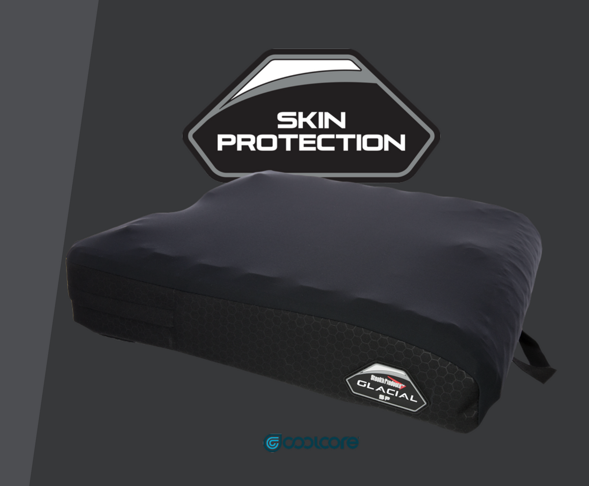 A dark gray Stealth glacial cushion with a textured honeycomb side panel and a cooling strap, shown with a 'SKIN PROTECTION' badge and a 'coolcore' brand logo on a dark gray background.