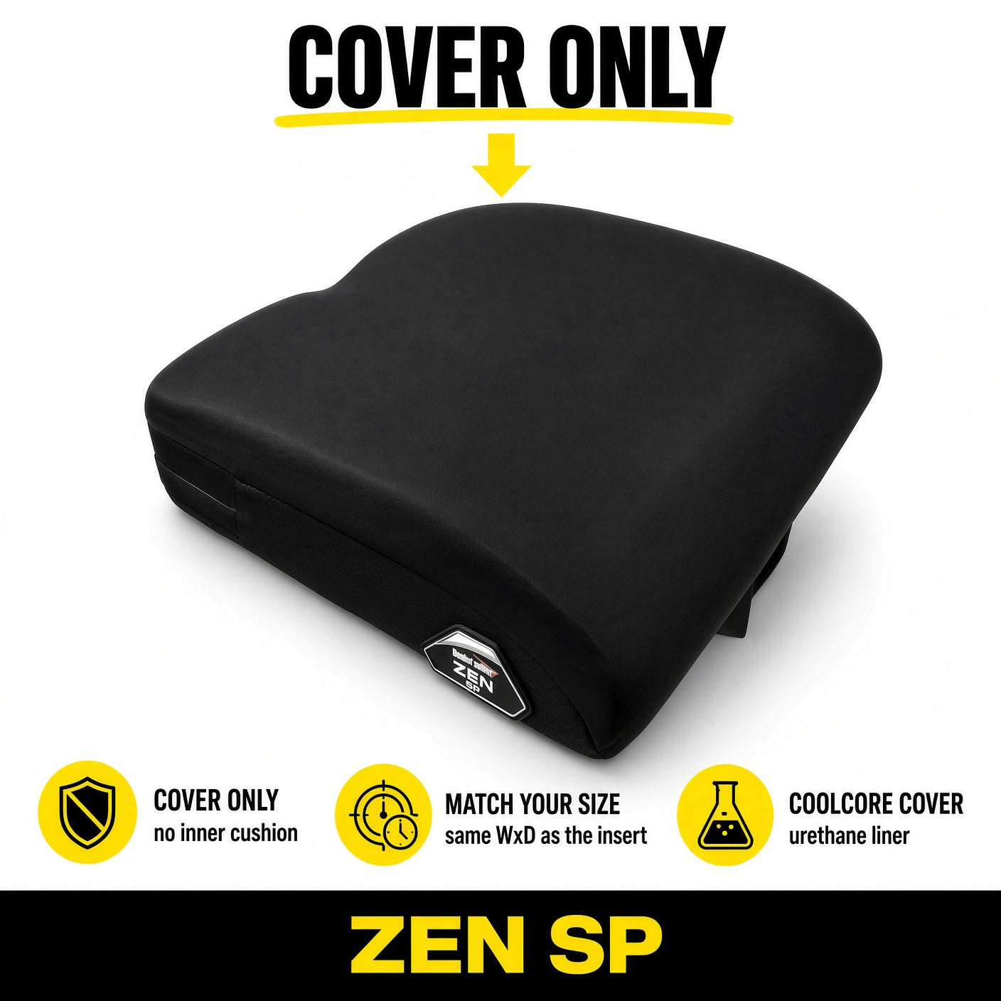 Black Zen SP cover for power chair seat or Quantum, shown on a white background with yellow and black text overlays detailing product features.