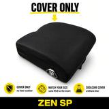 Black Zen SP cover for power chair seat or Quantum, shown on a white background with yellow and black text overlays detailing product features.