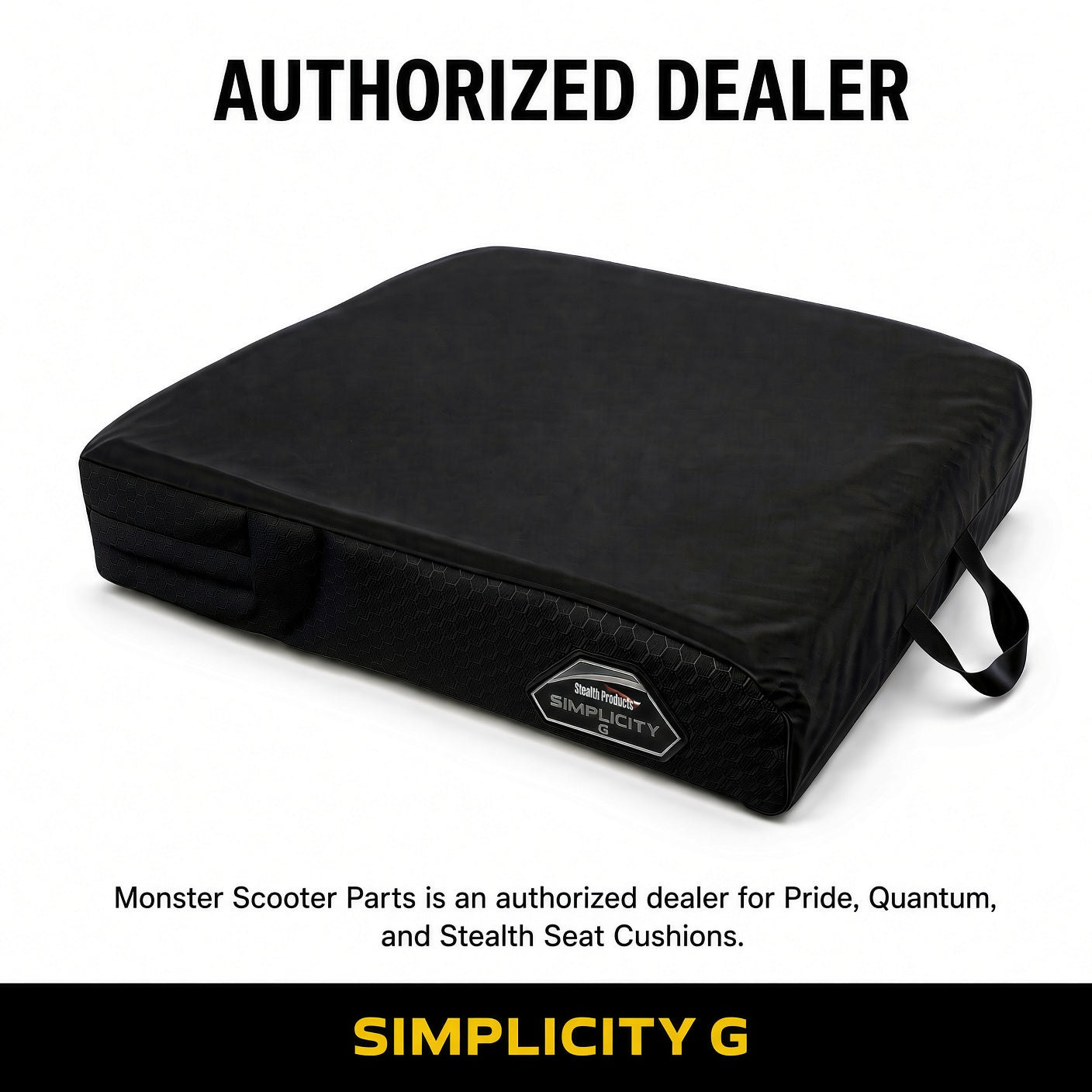 A black Simplicity G power chair seat cushion shown on a white background with promotional text reading 'AUTHORIZED DEALER' and 'SIMPLICITY G'.