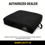 A black Simplicity G power chair seat cushion shown on a white background with promotional text reading 'AUTHORIZED DEALER' and 'SIMPLICITY G'.