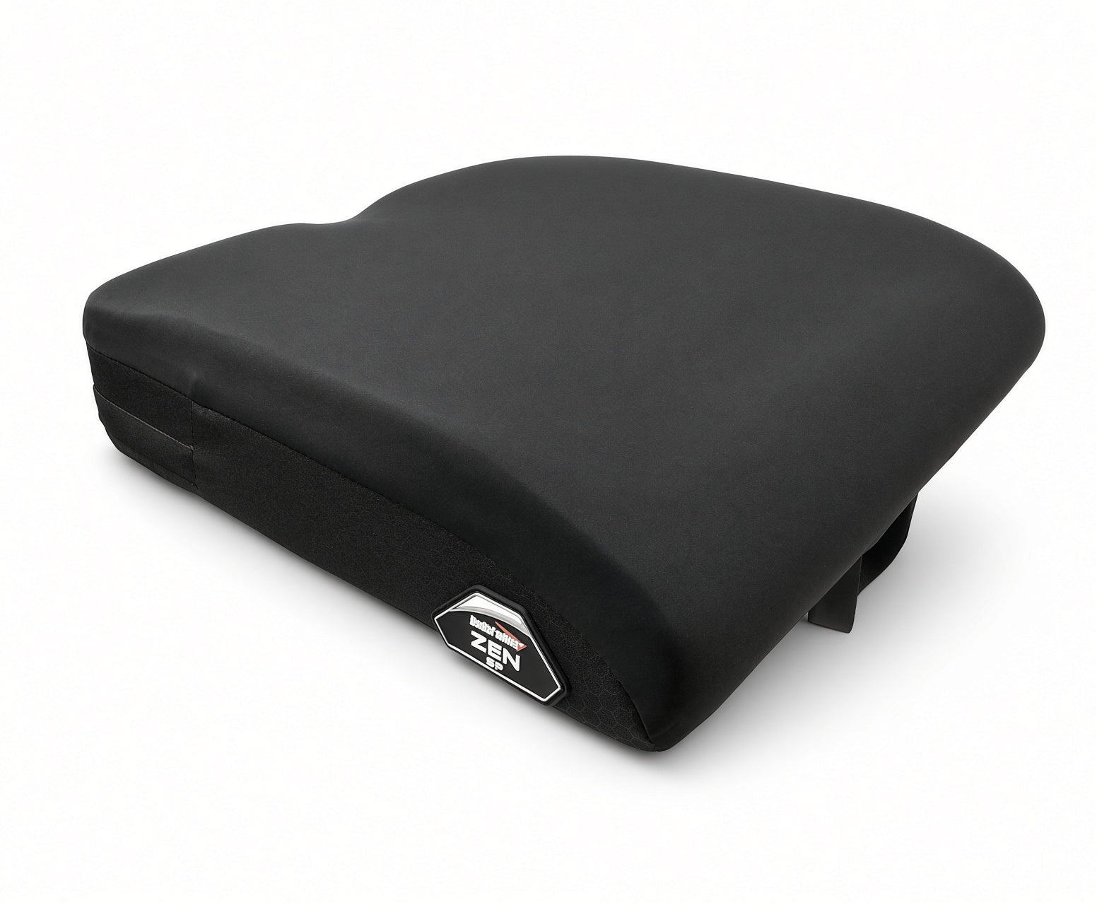 A black contoured Stealth ZEN SP Seat Cushion for Jazzy & Quantum Power Chairs with a small silver and black Zen SP brand badge on the front side, shown on a clean white background.