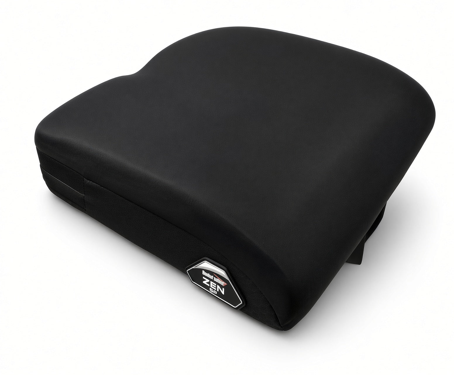 A black power chair seat cushion cover with a small silver and black Zen logo badge on the side, shown on a clean white background.