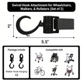 Swivel hook infographic featuring compatibility for walkers, rollators, and wheelchairs.