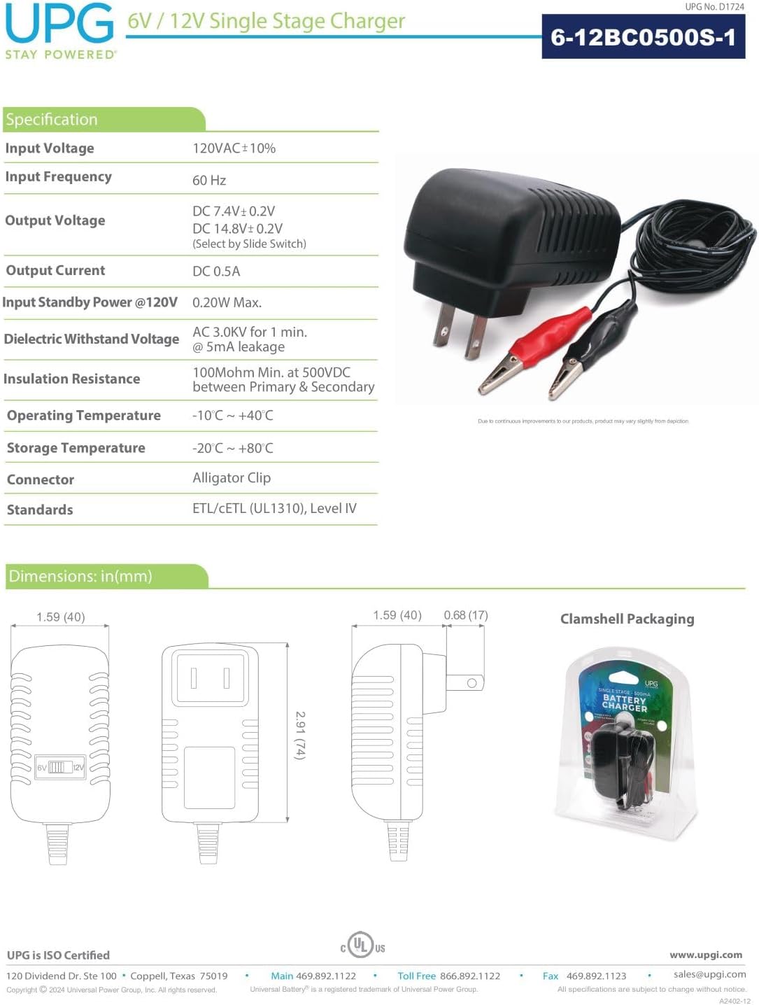 UPG D1724 6 volt and 12 volt sealed lead acid battery charger, additional view