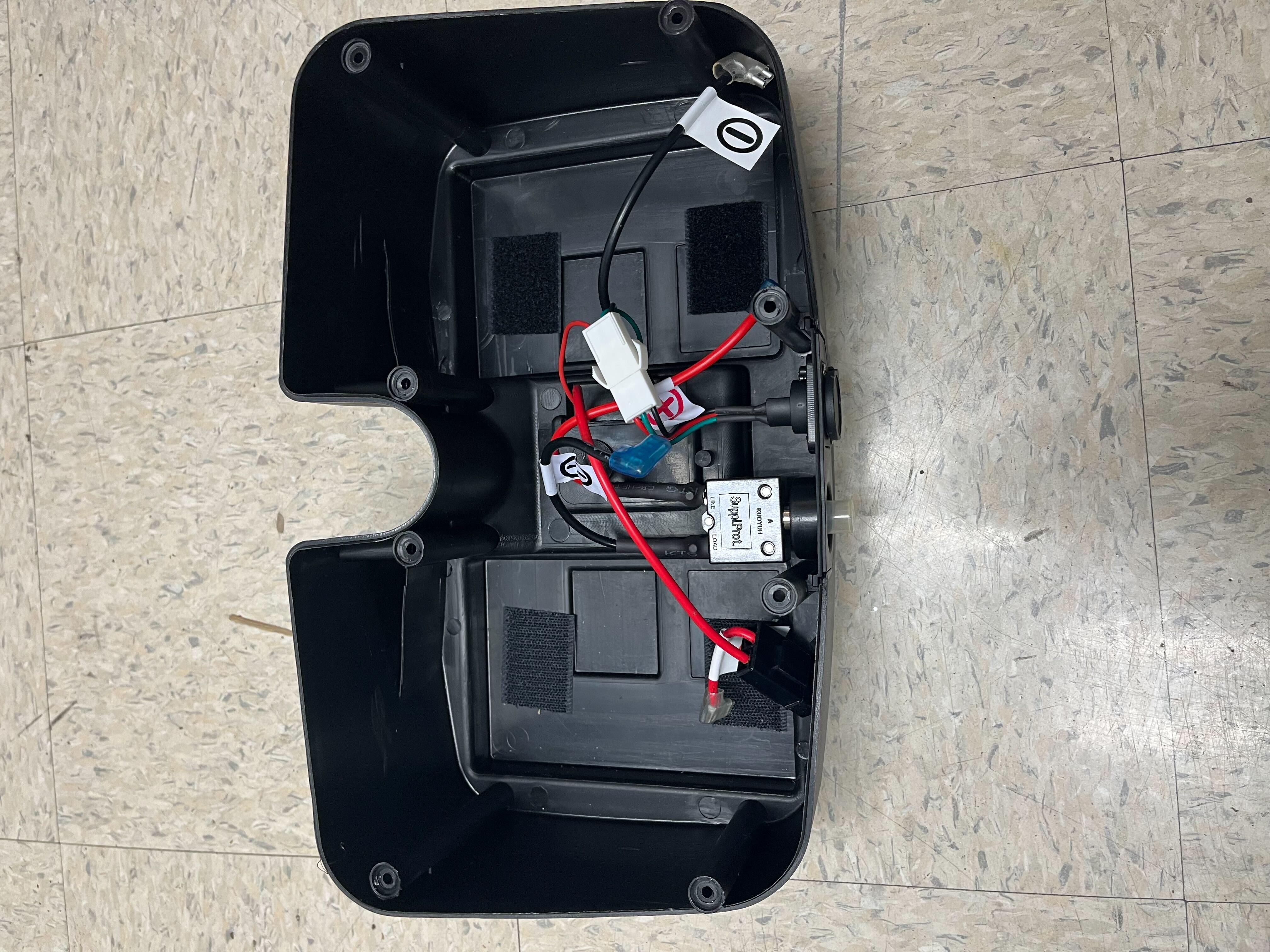 Battery Box Assembly for ActiveCare/Drive Medical Spitfire EX & Spitfire Pro SE Scooters (Blemished) showing a close-up of a black plastic box with numerous connected wires.