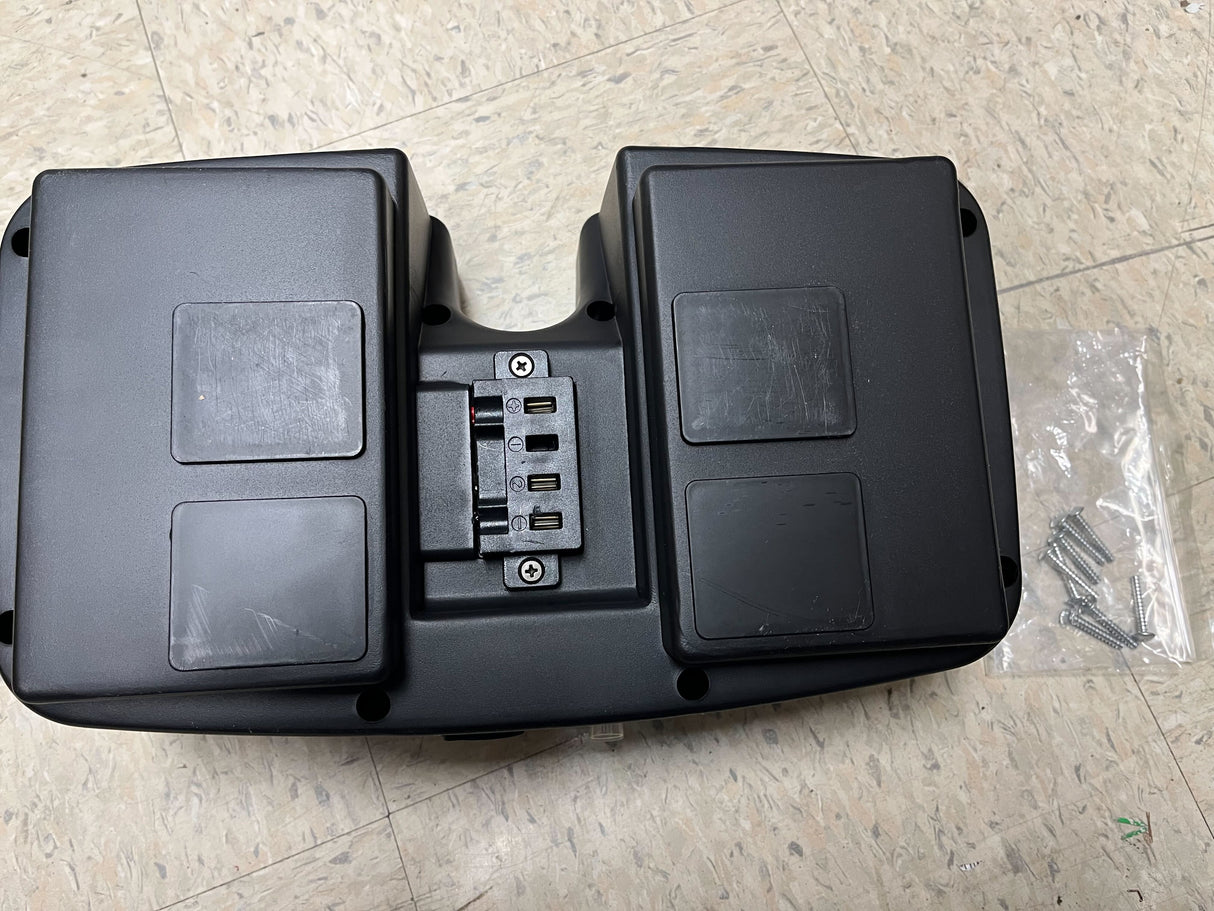 High Capacity Battery Box for ActiveCare/Drive Medical Spitfire EX & Spitfire Pro SE with Extended Range (Blemished), featuring a black rectangular box with buttons and ports, and visible surface scratches, alongside a bag of screws.