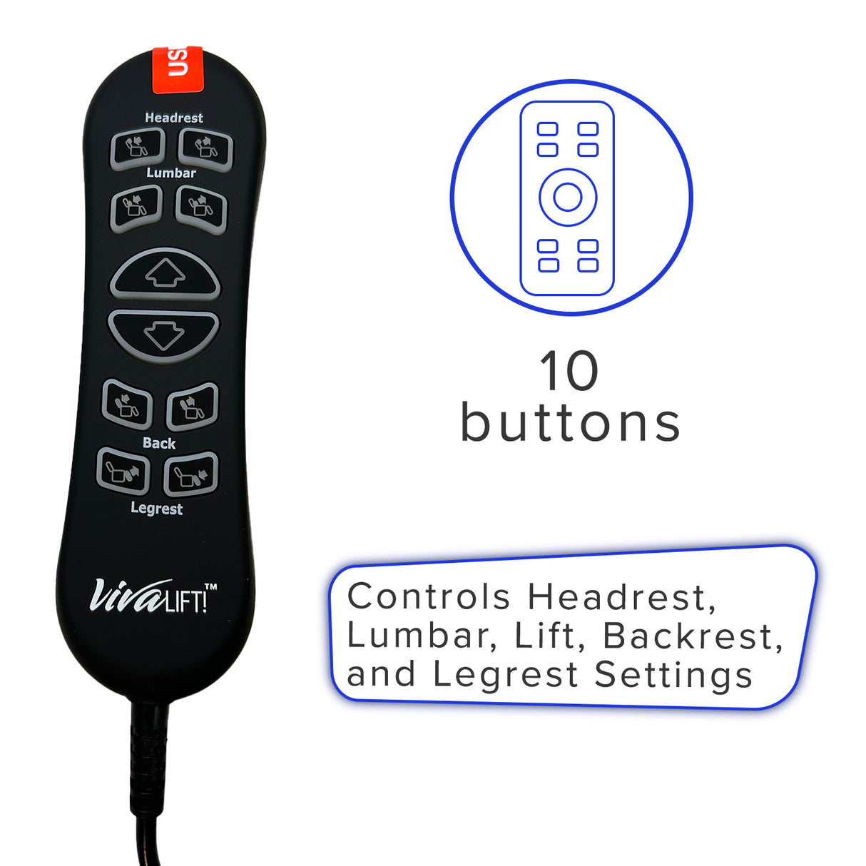 10-Button Hand Control for the Jackson/Catnapper Warner Lift Chair (CTL1707190) or Flexsteel Jenkins Lift Chair