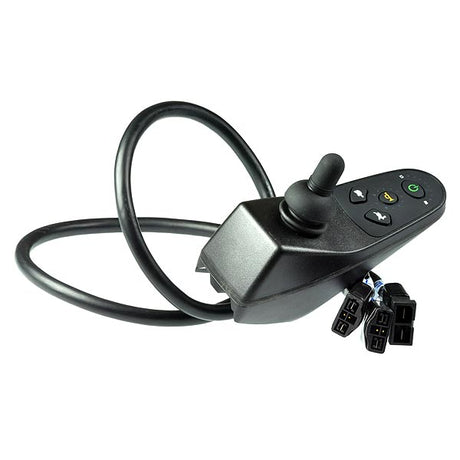 A-Series Integrated Joystick for the Invacare Pronto M41 with SureStep Power Chair, featuring a black remote control with attached wires, shown in a close-up view.