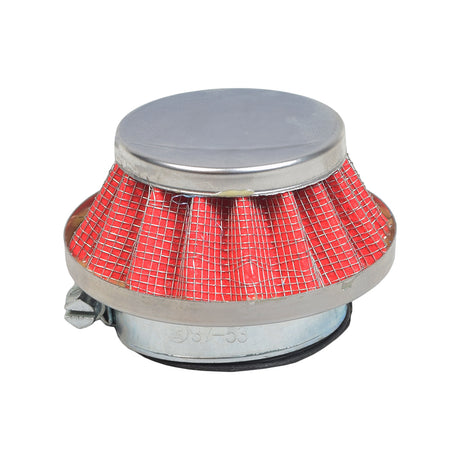 Air Filter with Red Mesh Screen for Gas Scooters, featuring a round metal design and a close-up of the red mesh. Ideal for engine sizes 33cc to 52cc, enhancing airflow and performance.